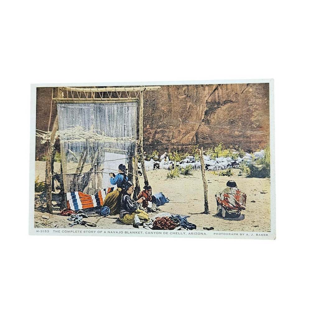 Vintage Navajo Blanket Canyon de Chelly AZ Postcard Fred Harvey Phostint H-3153